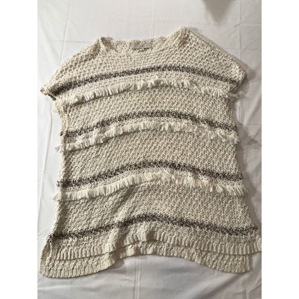 Loft Cream Metallic Stripe Fringe Open Knit Short Sleeve Sweater Large